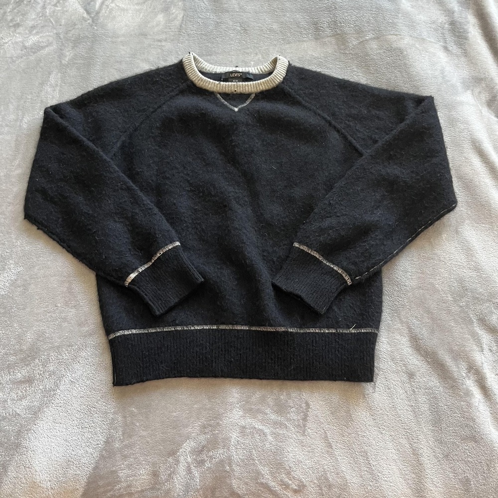 Levis Sweater Womens Medium Black 2 Ply Soft 100% Cashmere Crewneck Raglan Trim